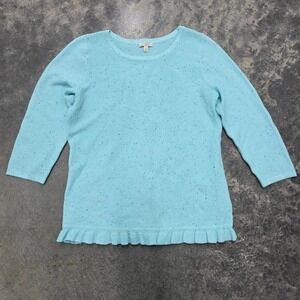 Talbots Petites Womens SP Aqua Blue Textured 3/4 Sleeve Ruffle Hem‎ Knit Top